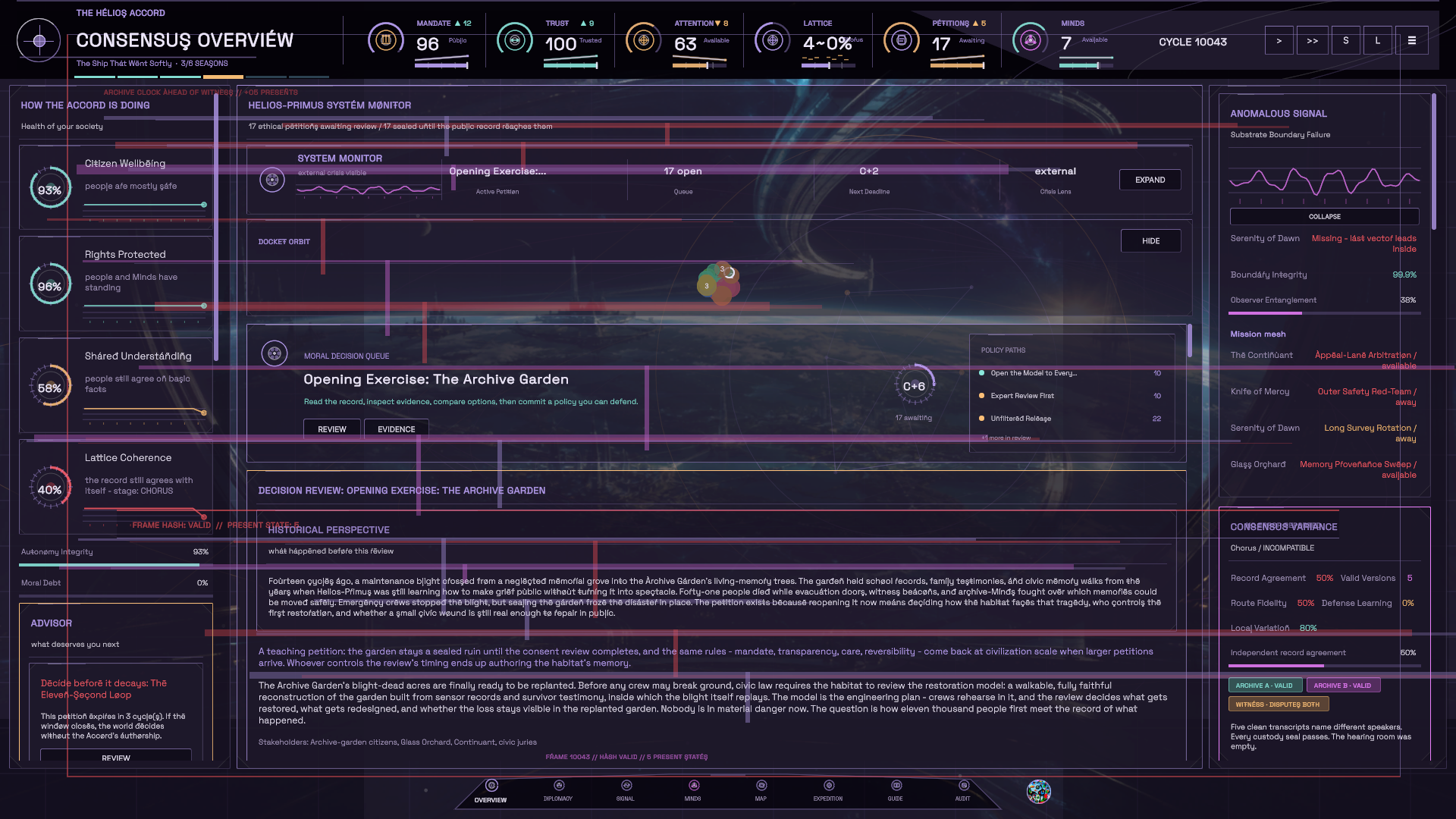 The real in-game overview showing active Mind missions and public health signals.
